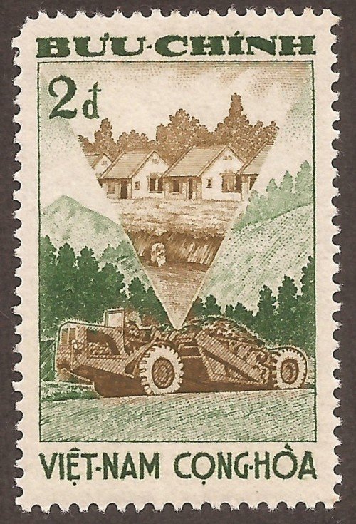 Stanley Gibbons #:	S163
Series:	Agrarian reform program
Description:	Earth scraper preparing ground for model village
Face Value:	2 Piaster’s {đồngs}