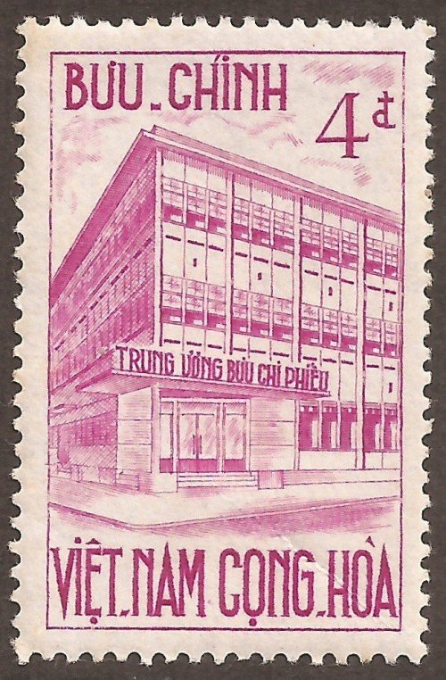 Stanley Gibbons #:	S171
Series:	Inauguration of postal checking service
Description:	Postal check center, Saigon
Face Value:	4 Piaster’s {đồngs}