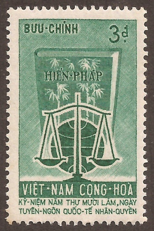 SStanley Gibbons #:	S205
Series:	15th anniversary of the Universal Declaration of Human Rights
Description:	Constitution and scale
Face Value:	3 Piaster’s {đồngs}