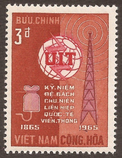Stanley Gibbons #: S237
Series; Centenary of the ITU
Description; ITU emblem, Insulator & TV mast
3 Piaster’s {đồngs}