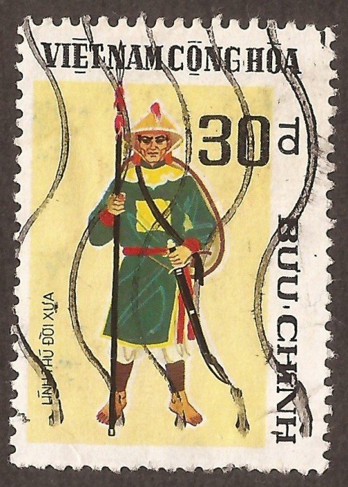 Stanley Gibbons #: S425
Series:	Traditional Vietnamese historic frontier guards
Description:	Frontier Guards, Pikeman
Face Value:	30 Piaster’s {đồng’s}